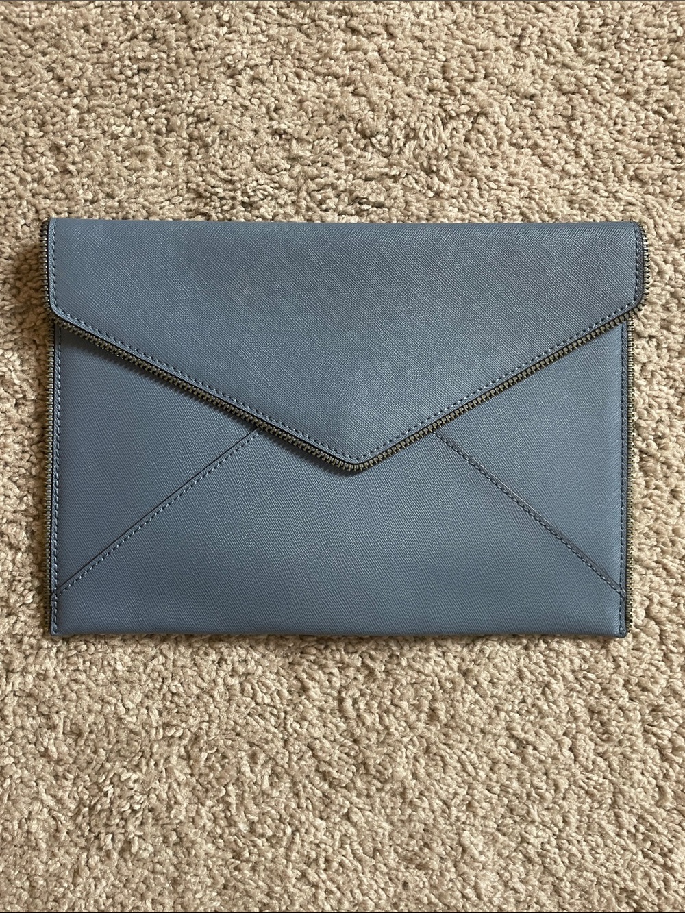 Rebecca Minkoff Zipper Edge Leo Envelope Leather Clutch Purse Blue